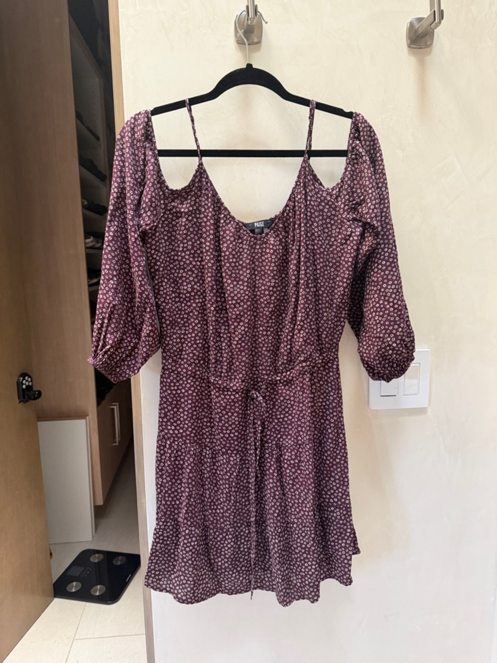 PAIGE Plum Floral Cold-Shoulder Mini Dress with Tie Waist